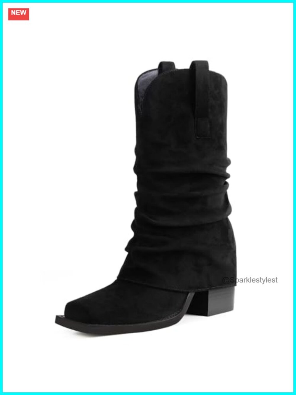 Mid Calf Suede Cowboy Boots Square Toe Chunky Heel Fold Over Slouchy